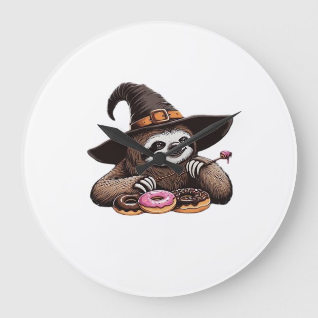 Funny Sloth in Witch Hat Enjoying Doughnuts - Cute Large Clock (Front)
