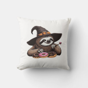Funny Sloth in Witch Hat Enjoying Doughnuts - Cute Throw Pillow