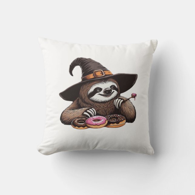 Funny Sloth in Witch Hat Enjoying Doughnuts - Cute Throw Pillow (Front)
