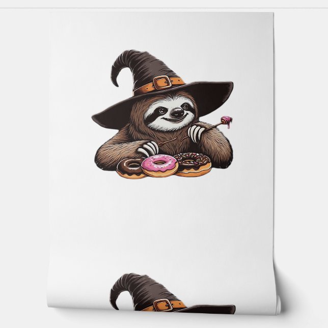 Funny Sloth in Witch Hat Enjoying Doughnuts - Cute Wallpaper (Unrolling)