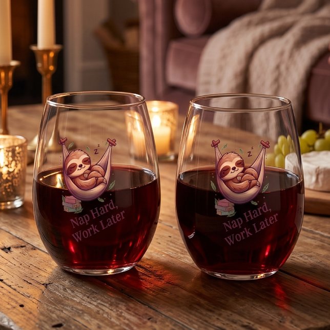 Funny Sloth "Nap Hard, Work Later" Set of 2  Stemless Wine Glass (Creator Uploaded)
