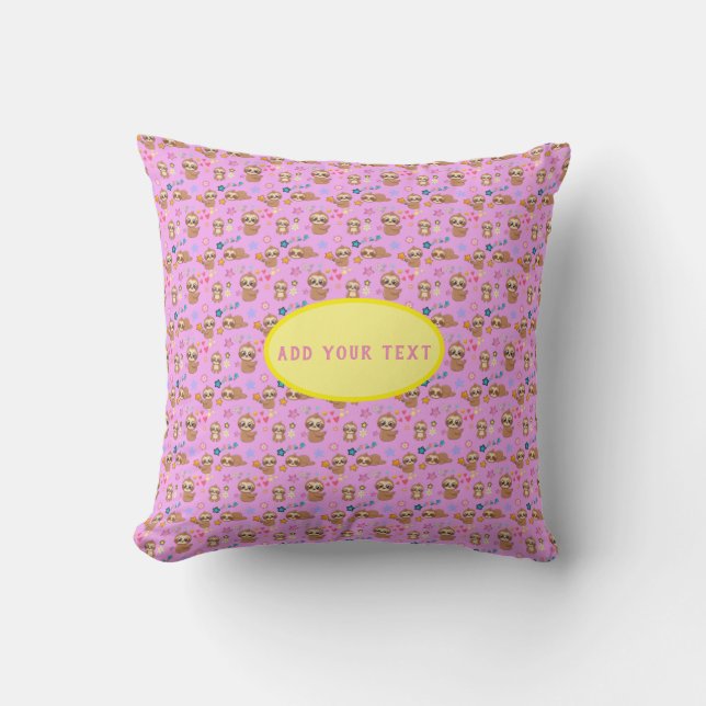 Funny Sloth Pink Pattern Hearts | Add Your Text Throw Pillow (Front)