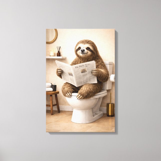Funny Sloth Reading Newspaper Bathroom Humour Canvas Print (Front)
