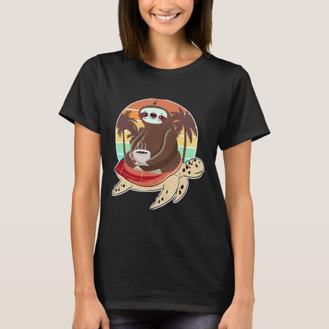 Funny Sloth Riding Turtle Drinking Its T-Shirt (Front)