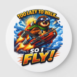 Funny Sloth Rocket Meme, Too Lazy to Walk So I Fly Large Clock
