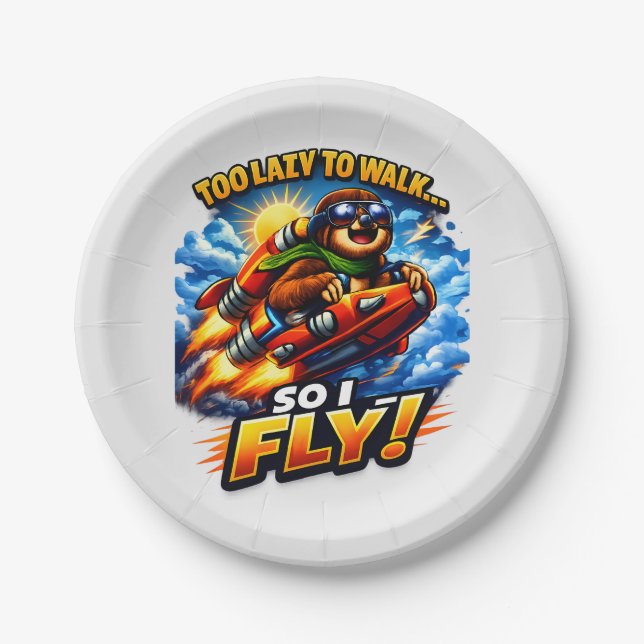 Funny Sloth Rocket Meme, Too Lazy to Walk So I Fly Paper Plate (Front)