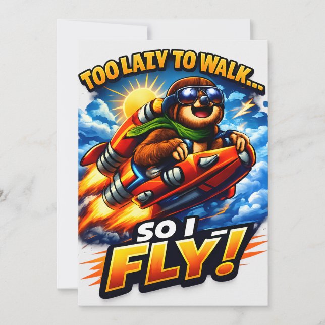 Funny Sloth Rocket Meme, Too Lazy to Walk So I Fly Thank You Card (Front)