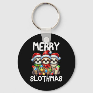 Funny Sloth Santa Hat Retro Matching Christmas Fam Keychain