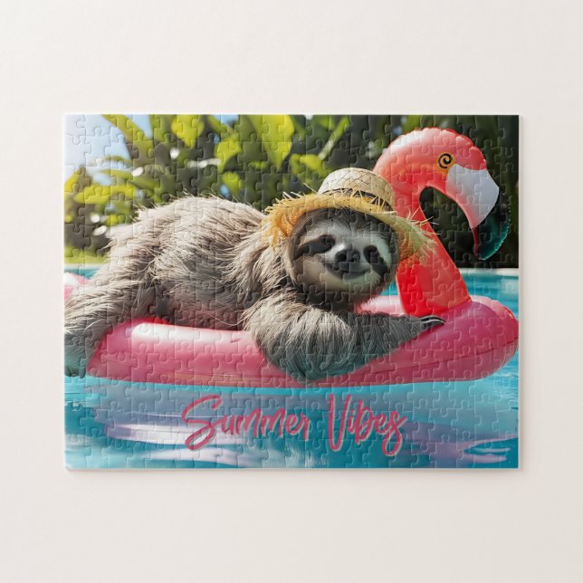 Funny Sloth "Summer Vibes" Relaxing on a Raft Jigsaw Puzzle (Horizontal)