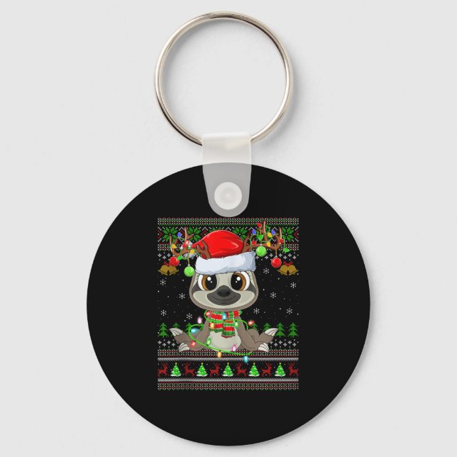 Funny Sloth Ugly Christmas Sweaters Holiday Santa  Keychain (Front)