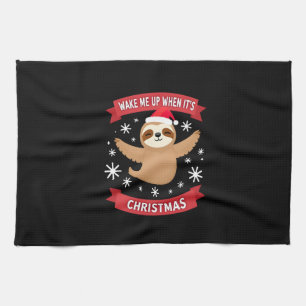 Funny Sloth wake me up when its Christmas Xmas Cut Kitchen Towel