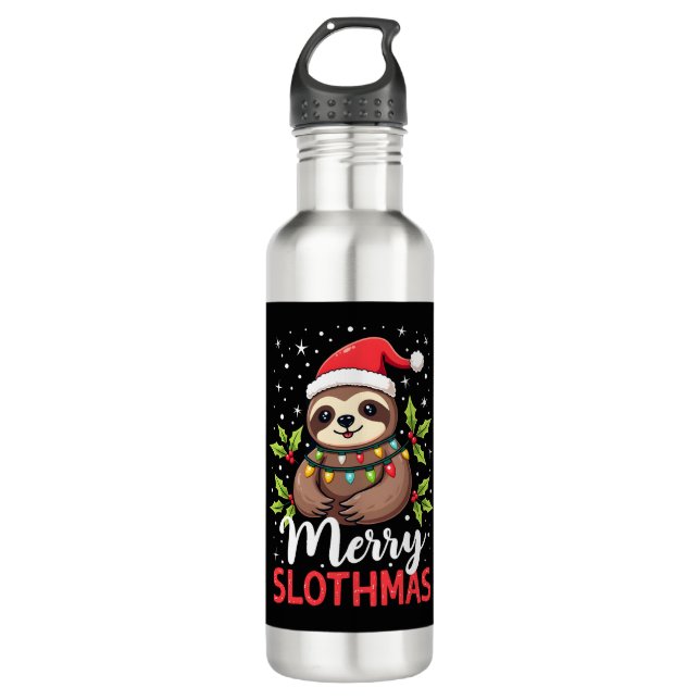 Funny Sloth Xmas Lights Merry Slothmas Sloth Chris 710 Ml Water Bottle (Front)