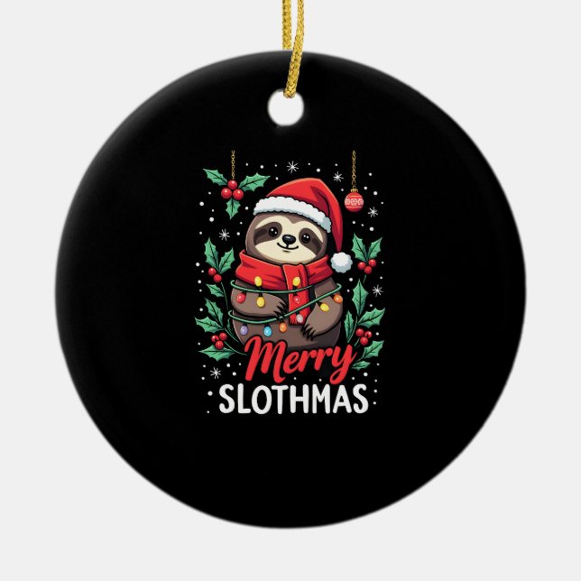 Funny Sloth Xmas Lights Merry Slothmas Sloth Chris Ceramic Ornament (Front)