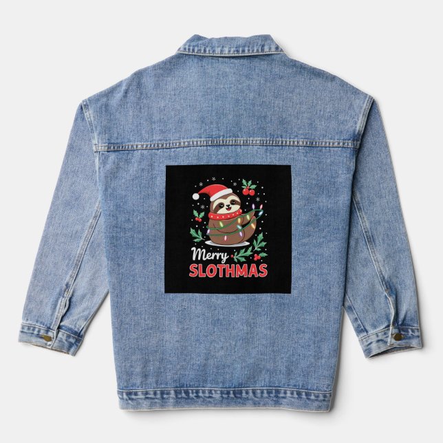 Funny Sloth Xmas Lights Merry Slothmas Sloth Chris Denim Jacket (Back)