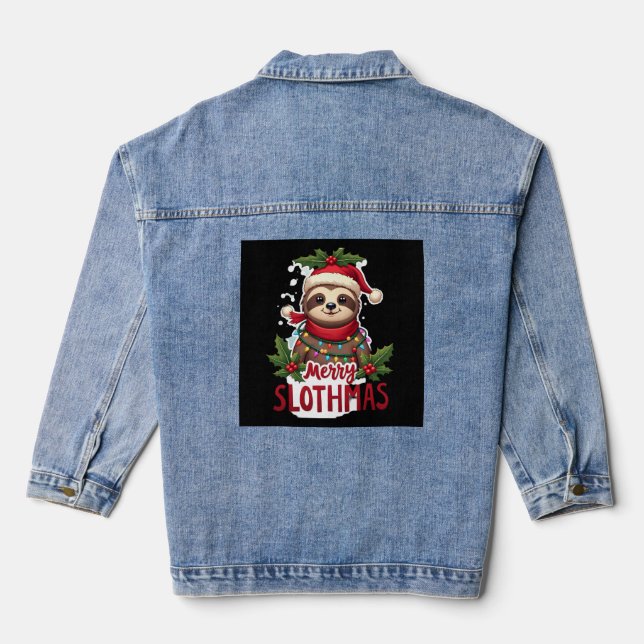 Funny Sloth Xmas Lights Merry Slothmas Sloth Chris Denim Jacket (Back)