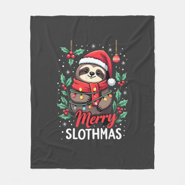 Funny Sloth Xmas Lights Merry Slothmas Sloth Chris Fleece Blanket (Front)