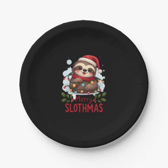 Funny Sloth Xmas Lights Merry Slothmas Sloth Chris Paper Plate (Front)