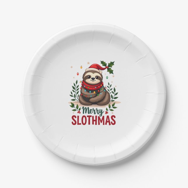 Funny Sloth Xmas Lights Merry Slothmas Sloth Chris Paper Plate (Front)