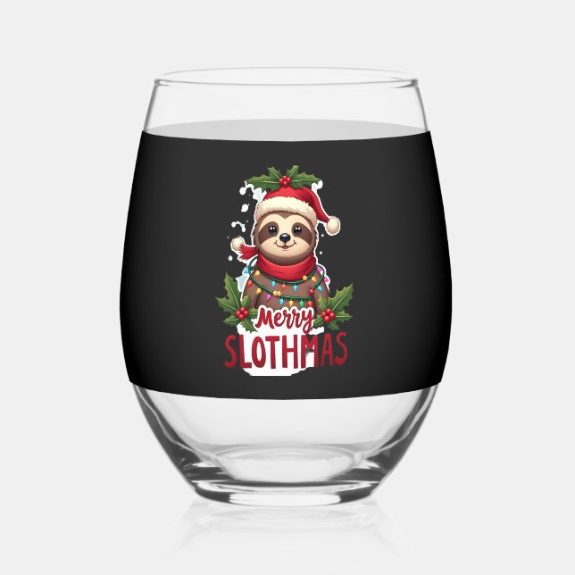 Funny Sloth Xmas Lights Merry Slothmas Sloth Chris Stemless Wine Glass (Front)