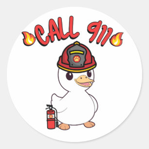 Funny small duck is a firefighter  classic round sticker