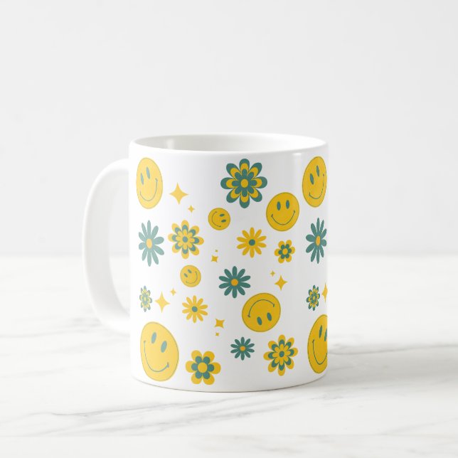 funny smile face and groovy flowers coffee mug (Front Left)