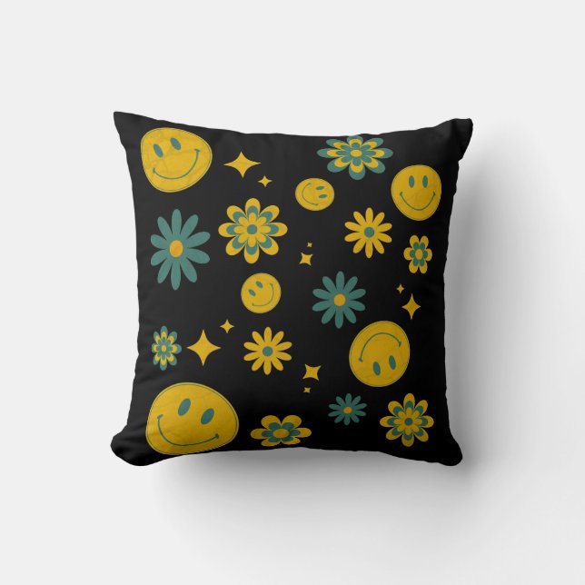 funny smile face and groovy flowers throw pillow (Front)