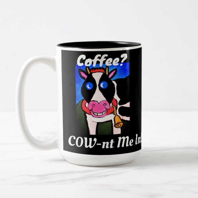 Funny Smiling Cartoon Coffee Loving Cow Two-Tone Coffee Mug (Left)