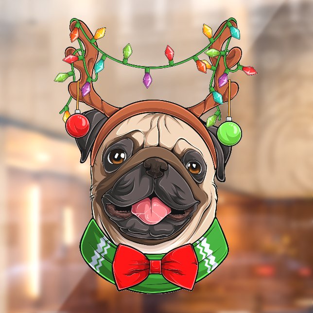 Funny Smiling Christmas Reindeer Pug Wearing Light Window Cling (Sheet 2)