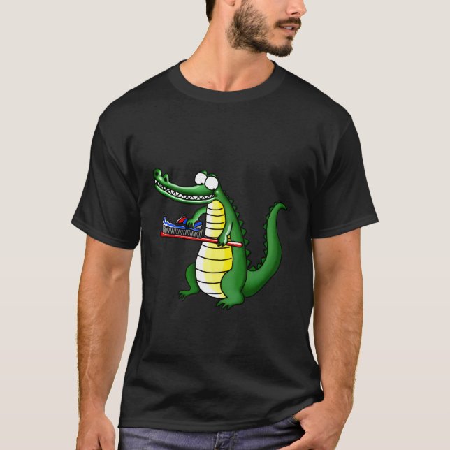 Funny Smiling Crocodile Brushing His Teeth Hoodie T-Shirt (Front)