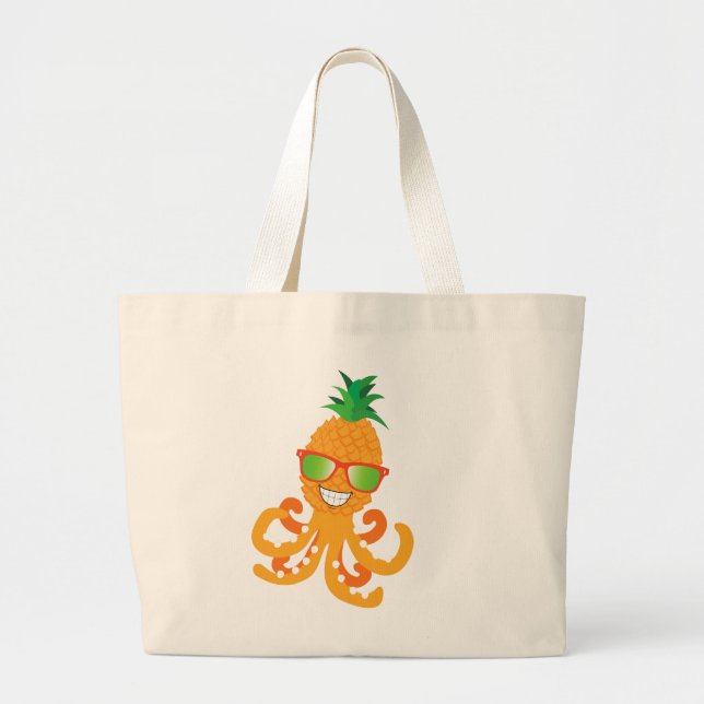 FUNNY SMILING EXOTIC TROPICAL PINEAPPLE OCTOPUS  LARGE TOTE BAG (Front)