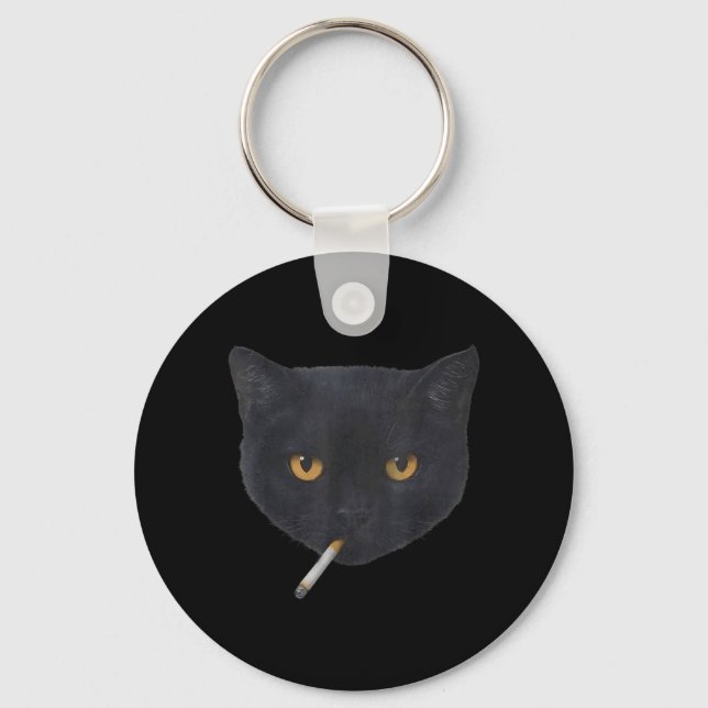 Funny Smoking Black Cat Face Meme Keychain (Front)