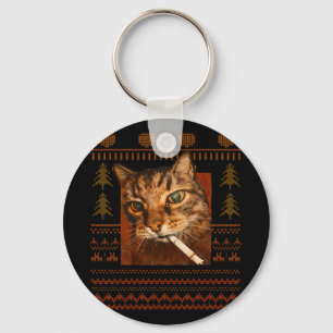 Funny Smoking Cat Meme Christmas Ugly For Men Wome Keychain