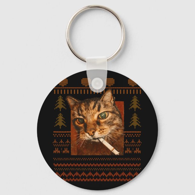 Funny Smoking Cat Meme Christmas Ugly For Men Wome Keychain (Front)