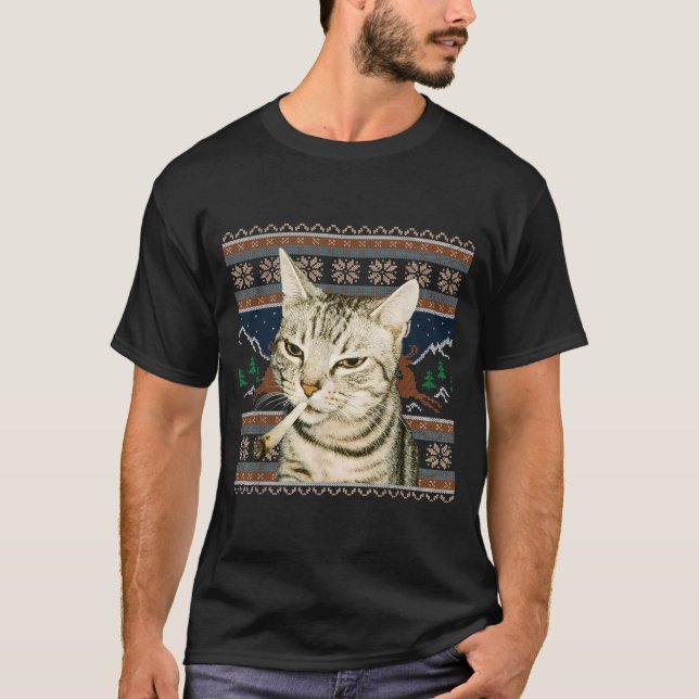 Funny Smoking Cat Meme Christmas Ugly Sweater Cat  (Front)