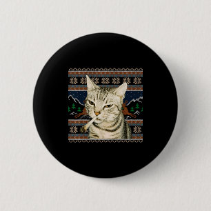 Funny Smoking Cat Meme Christmas Ugly Sweater Cat  2 Inch Round Button