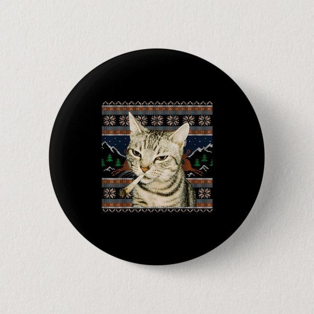 Funny Smoking Cat Meme Christmas Ugly Sweater Cat  2 Inch Round Button (Front)