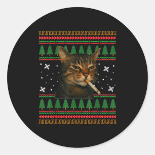 Funny Smoking Cat Meme Christmas Ugly Sweater Cat  Classic Round Sticker