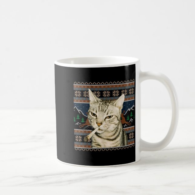 Funny Smoking Cat Meme Christmas Ugly Sweater Cat  Coffee Mug (Right)