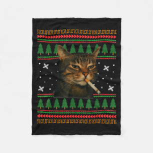 Funny Smoking Cat Meme Christmas Ugly Sweater Cat  Fleece Blanket