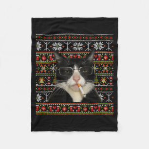 Funny Smoking Cat Meme Christmas Ugly Sweater Cat Fleece Blanket