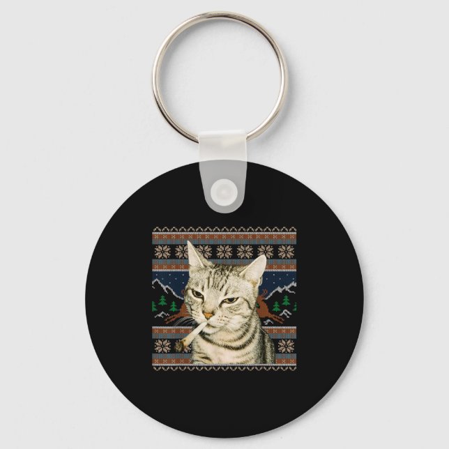 Funny Smoking Cat Meme Christmas Ugly Sweater Cat  Keychain (Front)