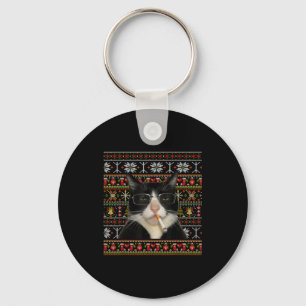 Funny Smoking Cat Meme Christmas Ugly Sweater Cat Keychain