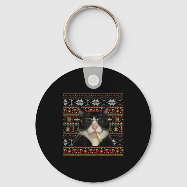 Funny Smoking Cat Meme Christmas Ugly Sweater Cat  Keychain (Front)