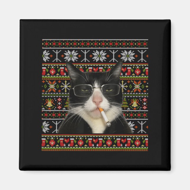 Funny Smoking Cat Meme Christmas Ugly Sweater Cat  Magnet (Front)