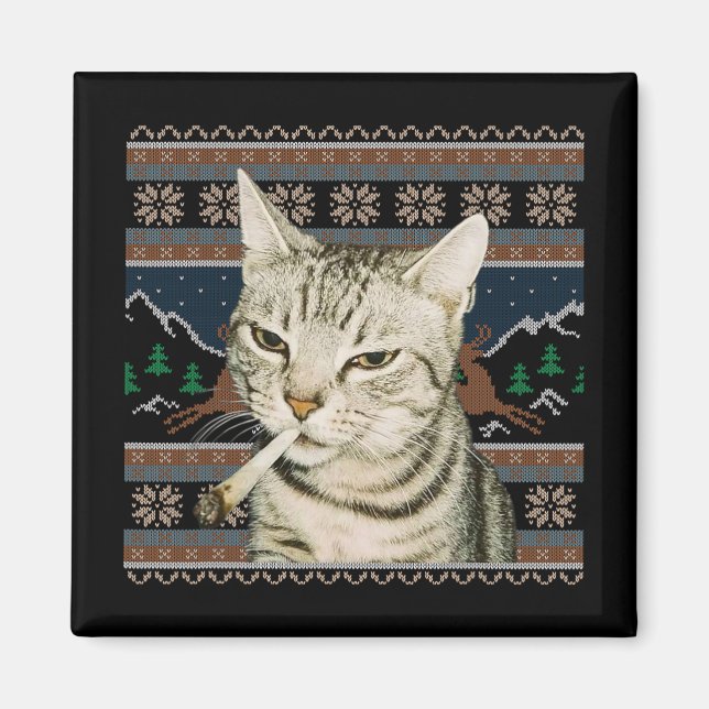 Funny Smoking Cat Meme Christmas Ugly Sweater Cat  Magnet (Front)