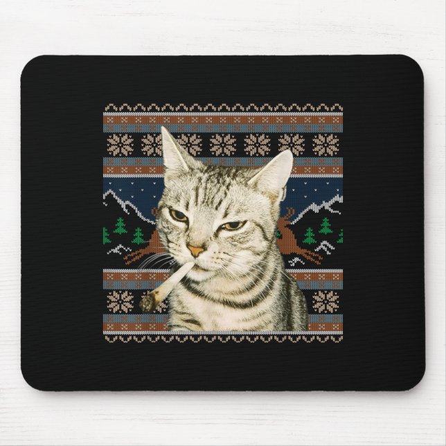 Funny Smoking Cat Meme Christmas Ugly Sweater Cat  Mouse Pad (Front)