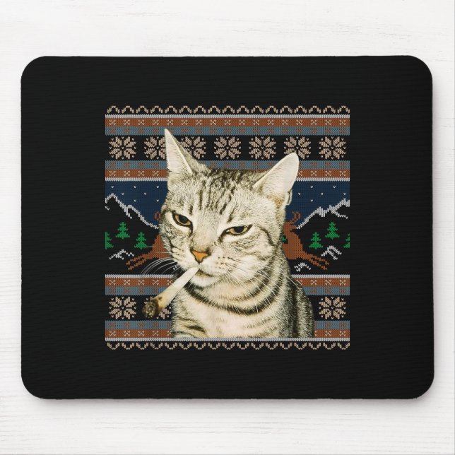 Funny Smoking Cat Meme Christmas Ugly Sweater Cat  Mouse Pad (Front)