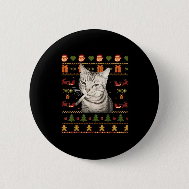 Funny Smoking Cat Meme Christmas Ugly Sweaters For 2 Inch Round Button (Front)