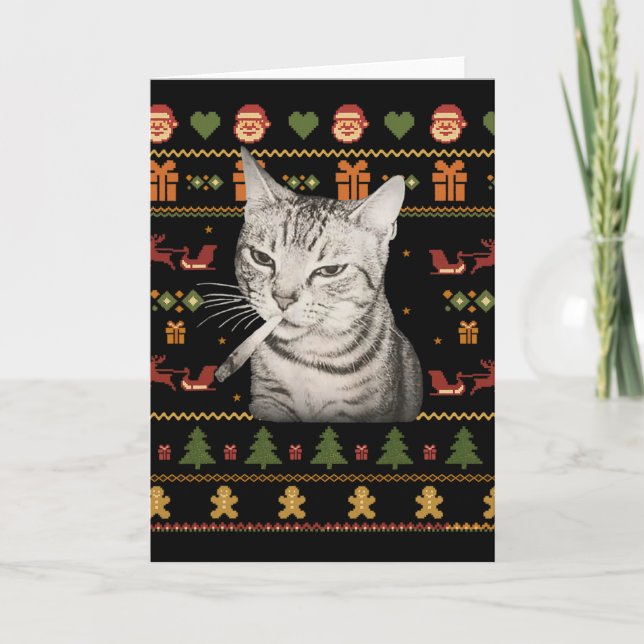 Funny Smoking Cat Meme Christmas Ugly Sweaters For Card (Front)