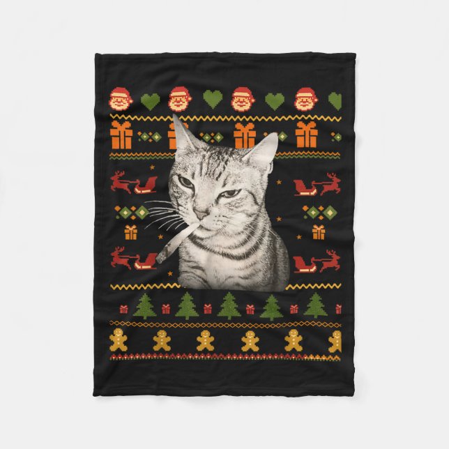 Funny Smoking Cat Meme Christmas Ugly Sweaters For Fleece Blanket (Front)